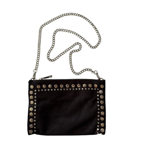 Zara Black Suede Like Silver Studded Crossbody Clutch Bag Removable Chain Strap - Picture 2 of 11